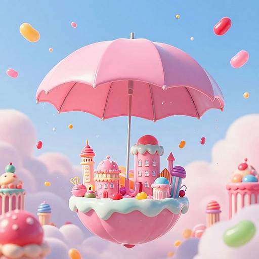 Digital art: Pink umbrella floating above whimsical, pastel-colored candy castle surrounded by cupcakes and colorful candies, set against a bright blue sky with fluffy
