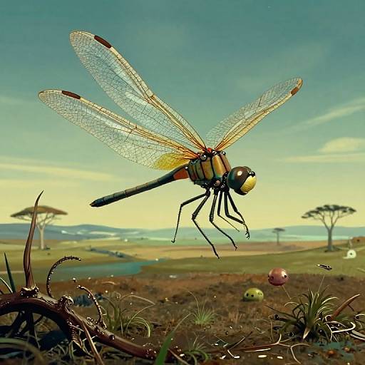 Photograph of a vividly detailed dragonfly with transparent wings and black-tipped segments, hovering above a grassy, semi-arid landscape with distant