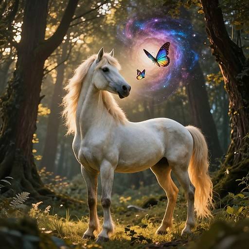 Photograph-style digital artwork of a white, majestic horse with a glowing mane in a sunlit forest, surrounded by a swirling galaxy and two colorful butterflies