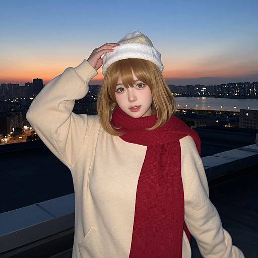 Photograph of a young woman with light brown hair, wearing a white hat, cream coat, and red scarf, against a twilight city skyline.