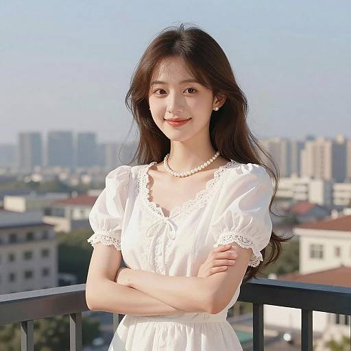 Young Woman in Lace Dress on Balcony