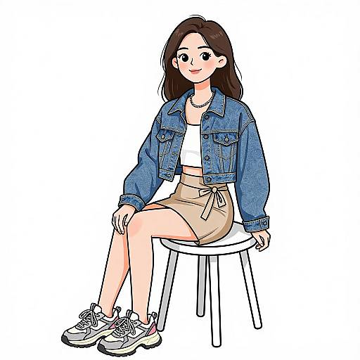 Digital illustration of a smiling Asian woman with long brown hair, wearing a blue denim jacket, white crop top, beige skirt, and white sneakers, sitting