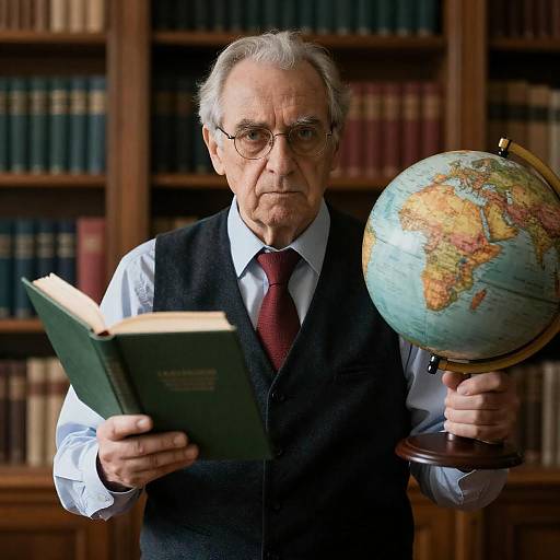 Elderly Man Holding Globe and Book in Library