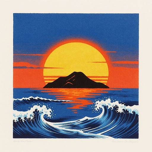 Pop Art Style Island Sunset with Icy Waves