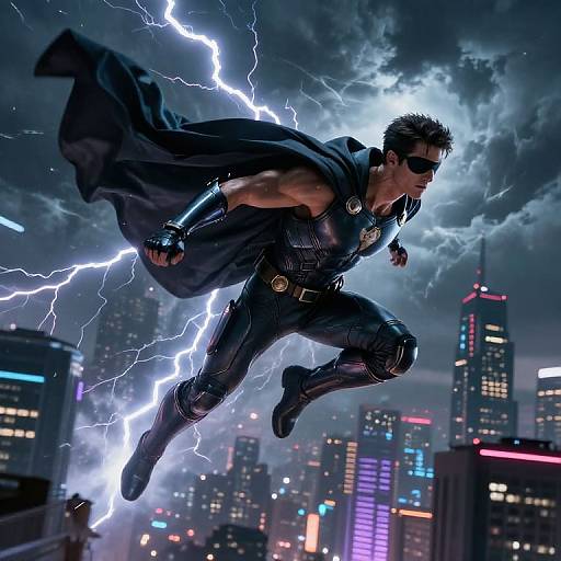 Digital art: Muscular superhero with black costume, cape, and sunglasses flying through electrified, neon-lit city skyline at night. Dynamic lightning bolts