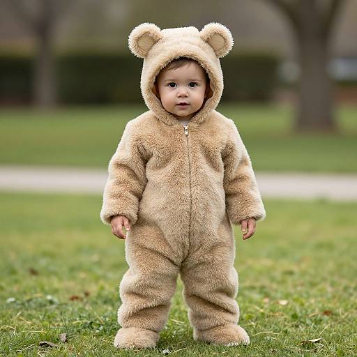 Photograph of a cute, fair-skinned baby in a beige, furry bear onesie with ears, standing on grass in a park.