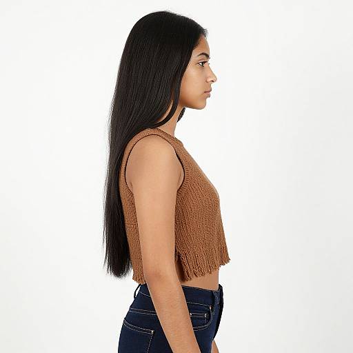 Photograph of a young woman with long black hair, wearing a brown fringed crop top and dark jeans, shown in profile against a white background.