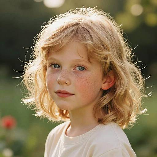 Photograph of a freckled, blonde-haired young girl with light blue eyes, wearing a white shirt, standing in a sunlit, green outdoor