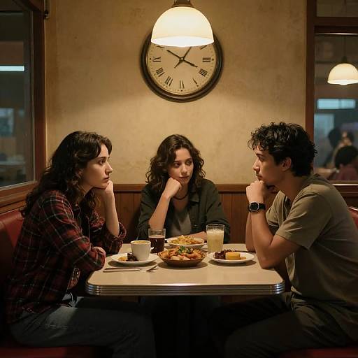 Photograph of three young adults with curly and straight dark hair, sitting in a dimly-lit diner, eating and chatting, under a hanging lamp