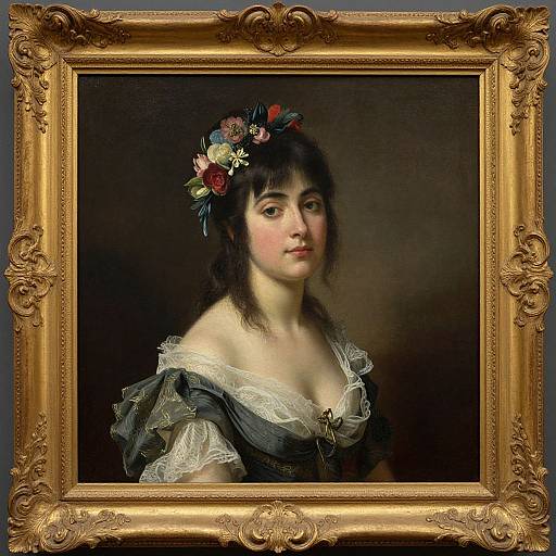 Classical oil painting of a fair-skinned woman with dark hair, adorned with a flower crown, wearing an off-shoulder lace dress, framed