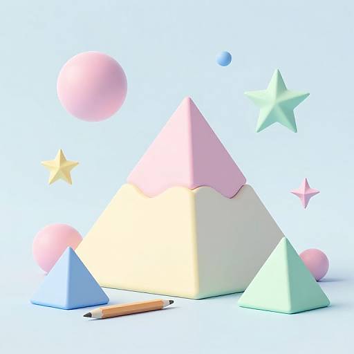 Digital artwork of pastel-colored geometric shapes (pyramids, spheres, stars) with a pencil on a white background, creating a whimsical, playful