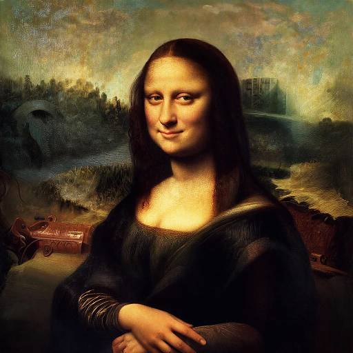 Digital artwork blending Leonardo da Vinci's Mona Lisa with a modern woman, featuring dark hair, black dress, and a subtle smile, set against the original