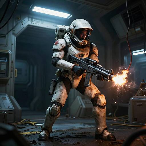 Photorealistic CGI of a white-suited astronaut in a dimly lit spaceship, firing a gun with a bright orange muzzle flash.