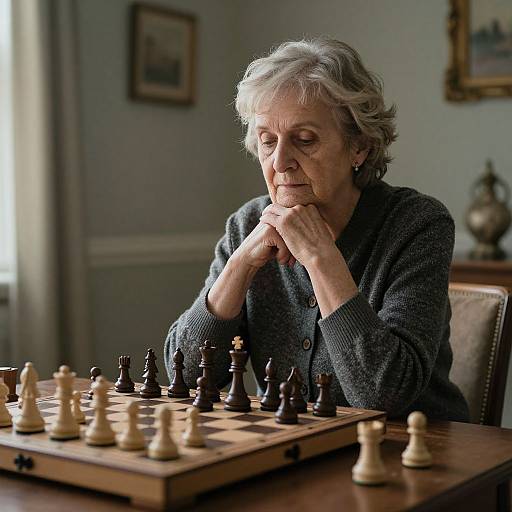 Photograph of an elderly woman with short gray hair, wearing a dark cardigan, deeply focused on a chessboard in a softly lit room.