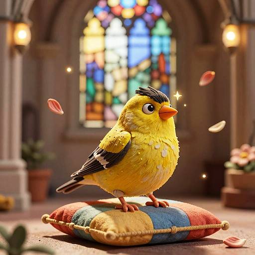 Photograph-style CGI of a fluffy, yellow bird with black head and wings, standing on a colorful pillow, surrounded by floating petals, in front of