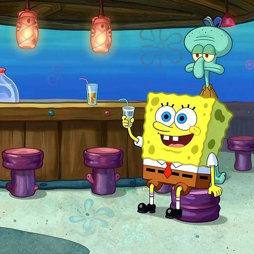 Digital cartoon of SpongeBob SquarePants sitting on a bar stool, holding a drink, with Sandy perched on his head, under blue lighting.