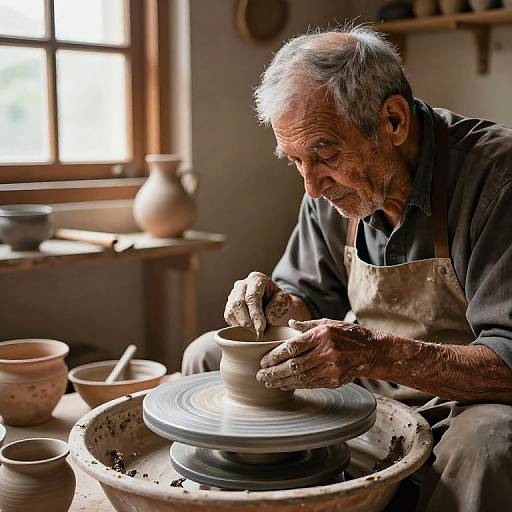 Photograph of an elderly man with gray hair and beard, wearing a dirty apron, shaping clay on a pottery wheel in a sunlit workshop.