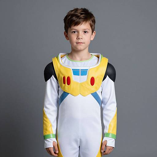 Photograph of a young boy with short brown hair, wearing a white and yellow costume with black and green accents, standing against a gray background.