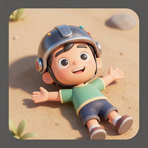 3D Cartoon Boy Lying on Sand with Helmet
