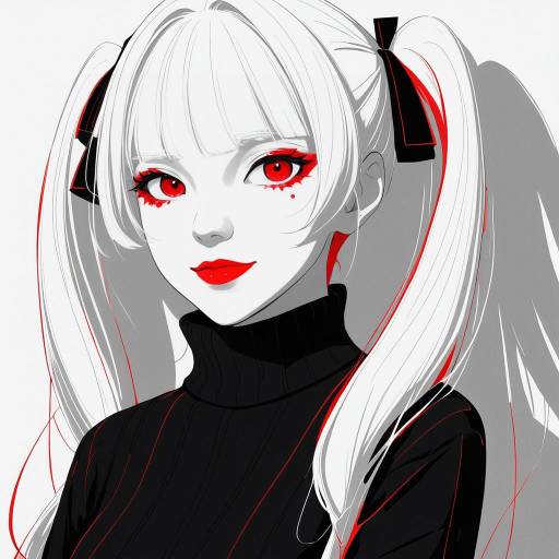 Monochrome Anime Girl with Red Accents