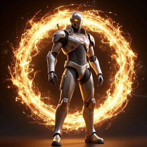 CGI image of a silver, armored robot with glowing yellow eyes, standing in front of a fiery, circular vortex against a black background.