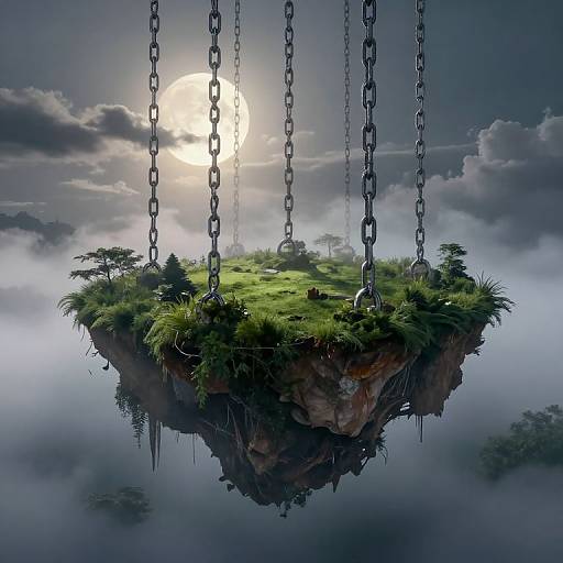 Fantastical digital art: floating grassy island suspended by heavy metal chains, illuminated by bright sun in cloudy sky, surrounded by mist.