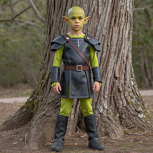 Photograph of a young child in a green elf costume with pointed ears, black armor, yellow shirt, and brown belt, standing in front of a