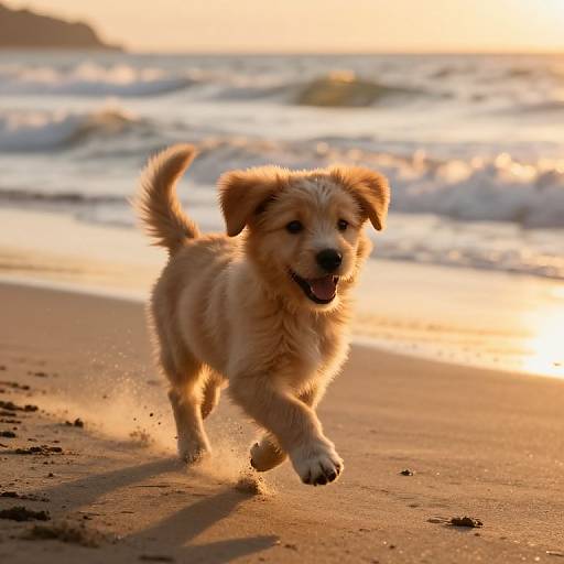 Photograph of a golden fluffy puppy joyfully running on a sandy beach at sunset, with waves in the background.