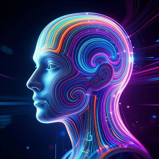Digital artwork of a glowing, neon-profiled human head with intricate, colorful circuit-like patterns, set against a dark, radiant background.