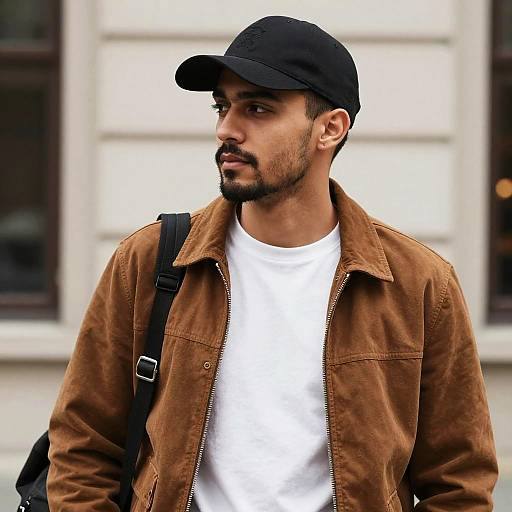 Young Man Wearing Brown Jacket and Black Cap
