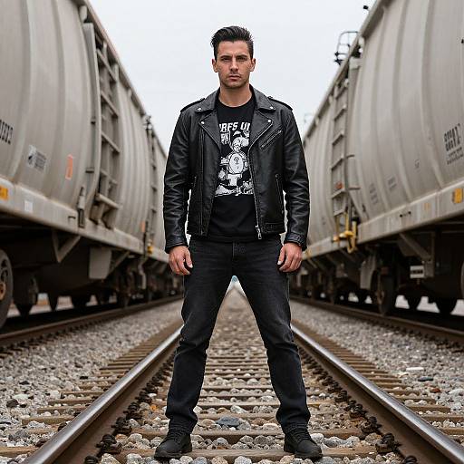 Photograph of a serious, dark-haired man in a black leather jacket and graphic tee, standing on train tracks between two tanker cars.