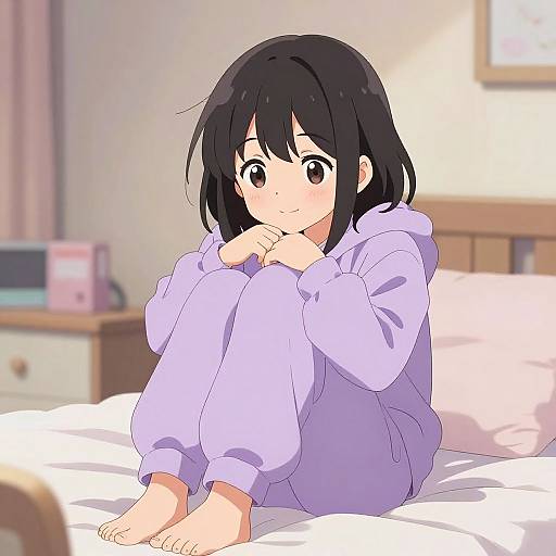 Anime-style digital drawing of a cute, black-haired girl in a lavender hoodie and pajamas, sitting on a bed with knees up, hands near chin
