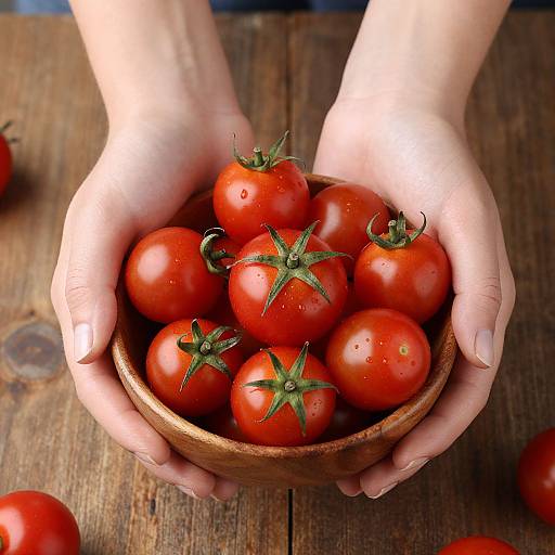 Photograph of light-skinned hands gently holding a wooden bowl filled with bright red, fresh cherry tomatoes, on a rustic wooden table.