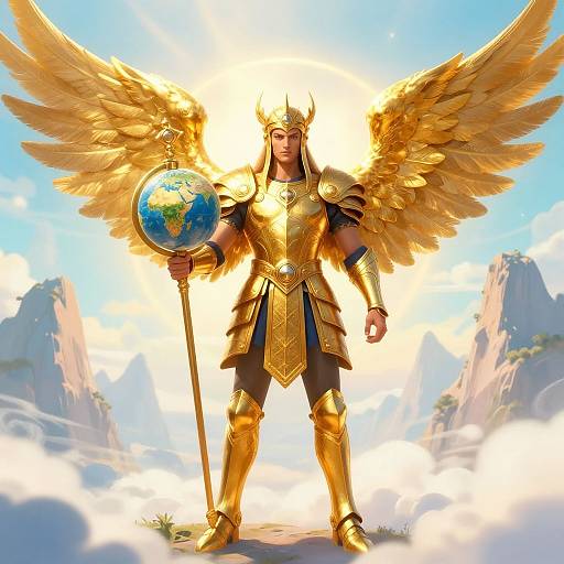 Golden-winged angelic warrior in shining armor holds globe and staff, standing on cloudy mountain peak, radiant sunlight behind. Digital art.