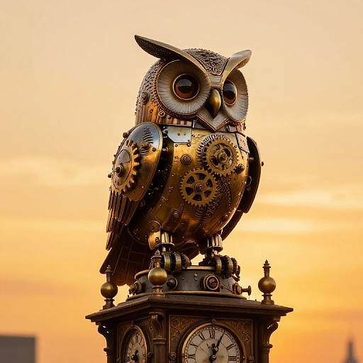 Photograph of a steampunk owl statue with gears and metallic textures, perched on a clock tower against a sunset sky.