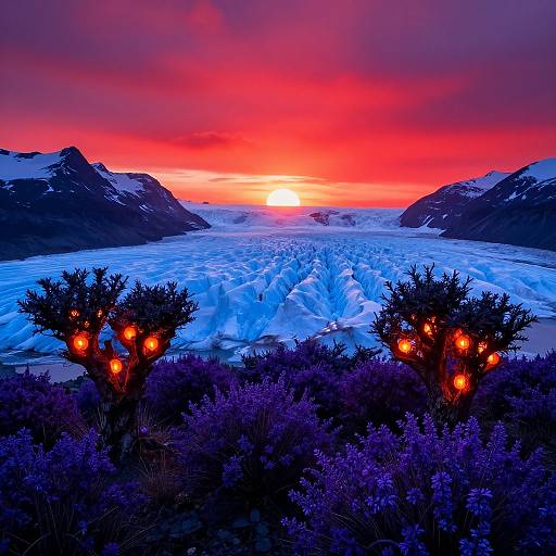 Photograph of a vibrant sunset over a glacier, with bright red sky, glowing orange lights on dark, bushy trees in foreground, and snowy mountains
