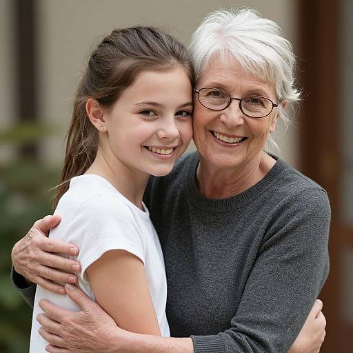 Photograph of a smiling elderly woman with white hair and glasses, hugging a young girl with brown hair in a white shirt.