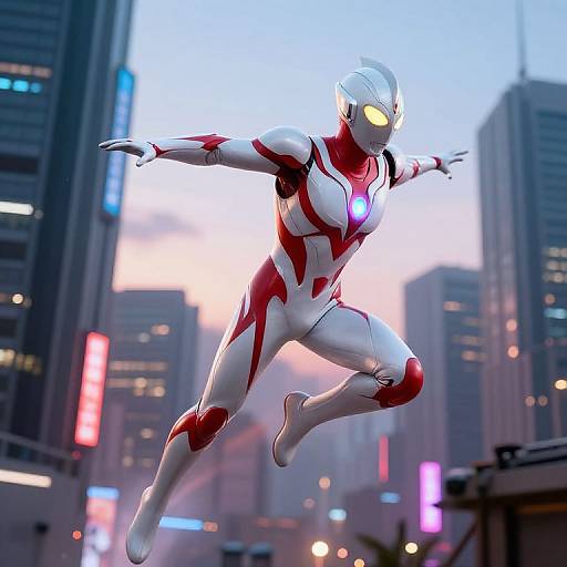 CGI image of a white and red armored superhero with glowing yellow eyes and blue chest light, leaping in a futuristic cityscape at dusk. Neon
