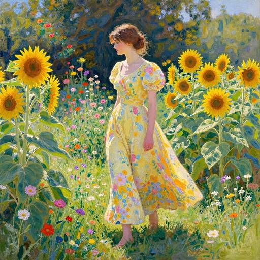 Digital painting of a fair-skinned woman in a yellow floral dress walking through a sunlit sunflower and wildflower field.