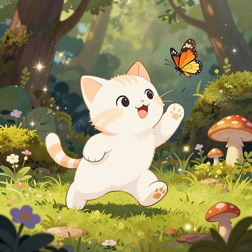 Adorable white cartoon cat joyfully leaps after a colorful butterfly in a sunlit, enchanted forest with mushrooms and flowers. Digital illustration.