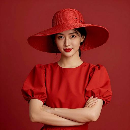Elegant woman in red dress and wide hat