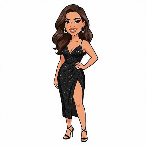 Cartoon-style illustration of a smiling woman with long brown hair, wearing a black, sparkly, sleeveless dress with a high slit, black high