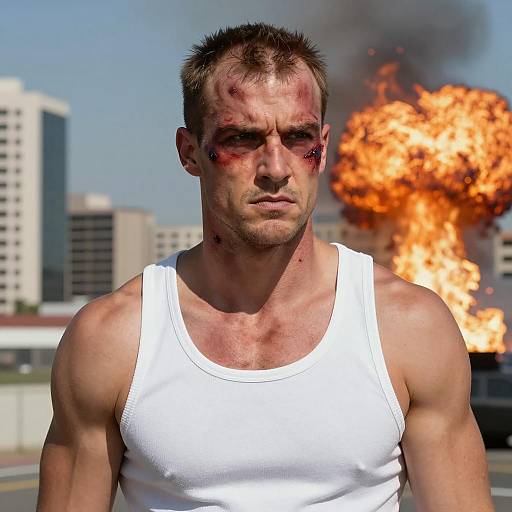 Determined Muscular Man Amidst Urban Chaos