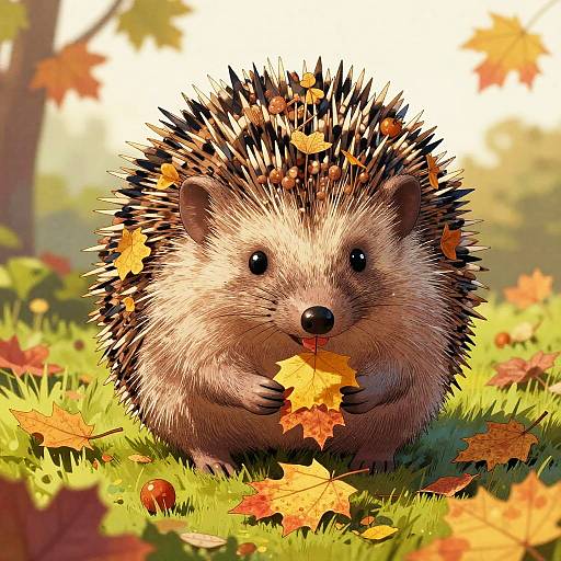Whimsical Hedgehog Gathering Autumn Leaves