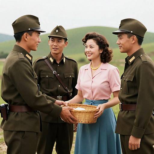 Vintage Military Uniforms with Woman Holding Basket