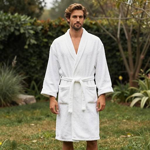 Man in White Cotton Towelling Dressing Gown in Garden