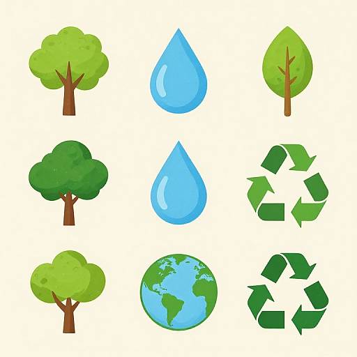 Digital illustration of six eco-themed icons: four green trees, two blue water droplets, green recycling symbol, and Earth globe.