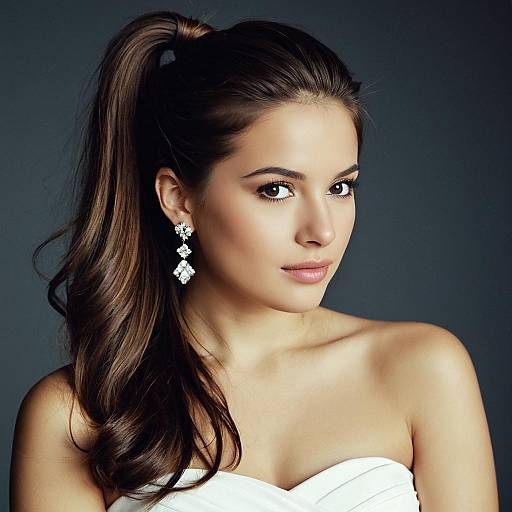Young Woman with Half Ponytail and Strapless White Dress