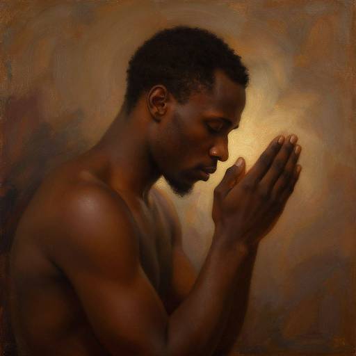Photograph-style digital painting of a shirtless, dark-skinned, muscular African man with short hair, praying with closed eyes against a warm, brown