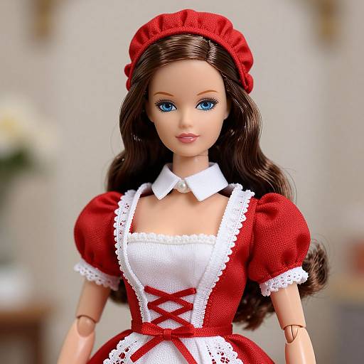 Photograph of a doll with blue eyes, long brown hair, wearing a red and white French maid dress with lace trim.